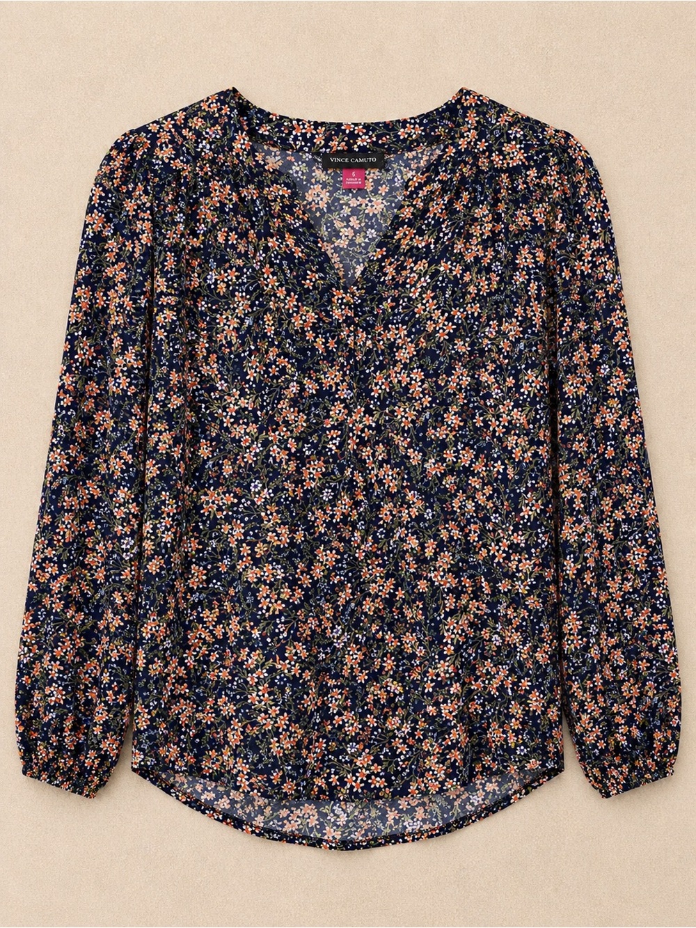 Vince Camuto Floral Blouse Medium Navy Orange Boho Peasant Top